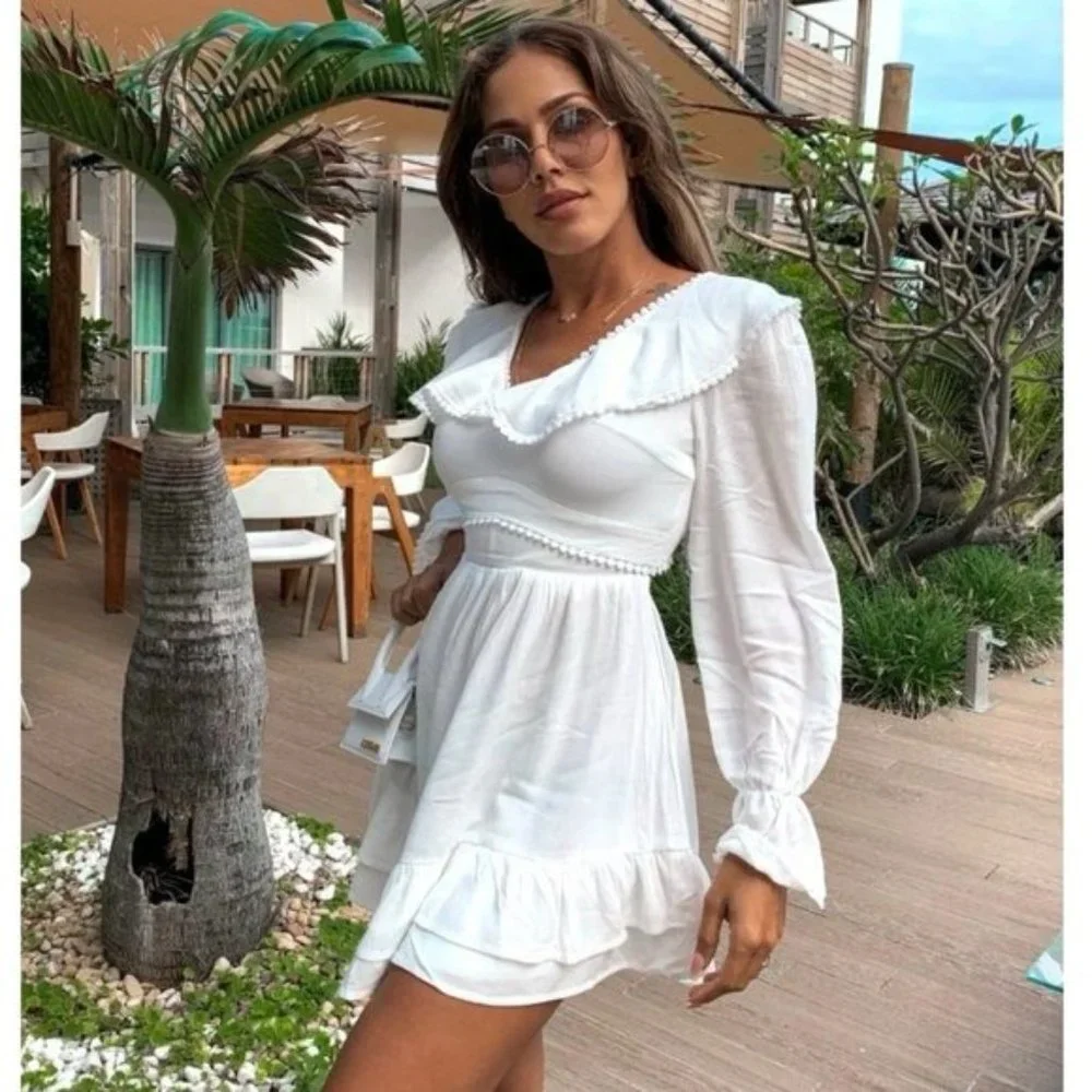 White Long Sleeve V-Neck Open Back Ruffle Hem Mini Dress - Picture 11 of 17